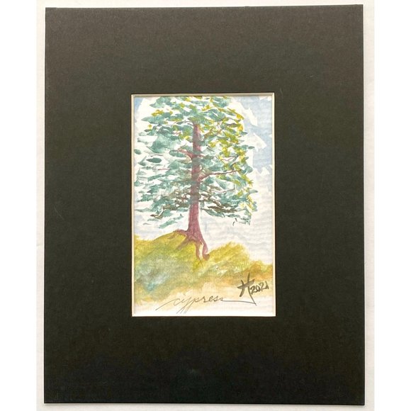 Cypress - Original Wall Art Watercolor Painting Black Mat Frame Ready 8”x10” - Picture 5 of 5